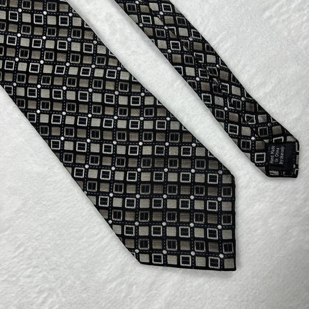 Joseph & Feiss Mens Necktie 100% Silk Black Gold Silver Geometric Handmade